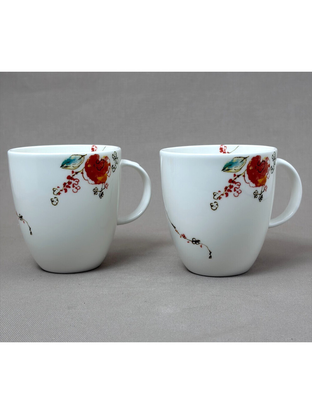 Lenox Simply Fine Chirp Bone China Coffee Mugs Floral Bird Set of 2 USA 10oz